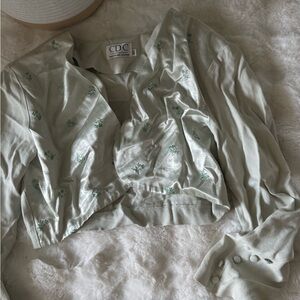 CDC Sage Green Button-Front Top with Mint Embroidery